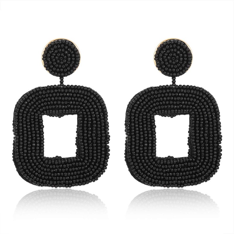 Boderier Beaded Hoop Earrings Bohemian Beaded Square Dangle Statement Earrings (Black) - Image 2